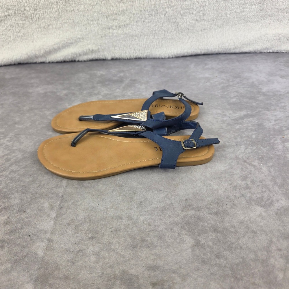 Shoevibe Womens Navy Blue T-Strap Flat Sandals Rhinestone Triangle Size 7
